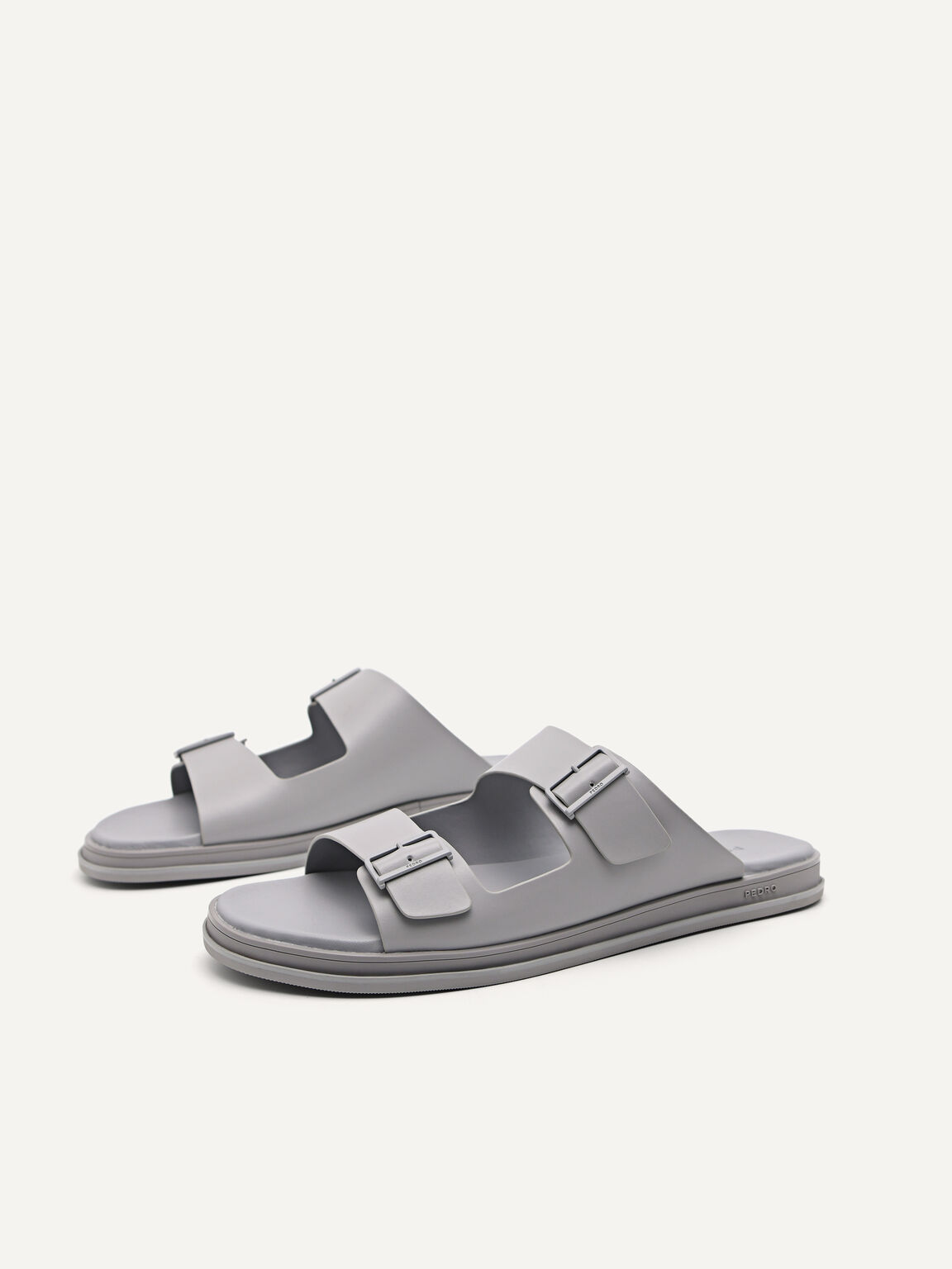 Monochrome Double Strap Slide Sandals, Light Grey