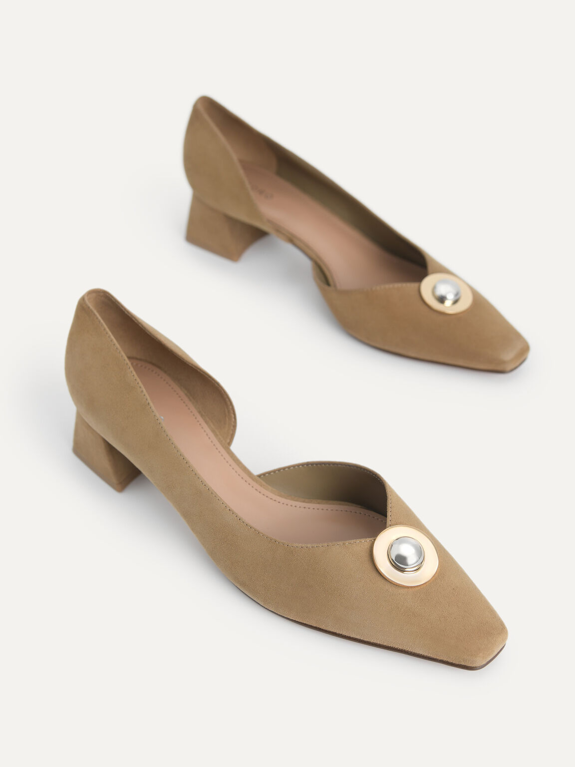 Metal-Embellished Suede Leather Pumps, Taupe