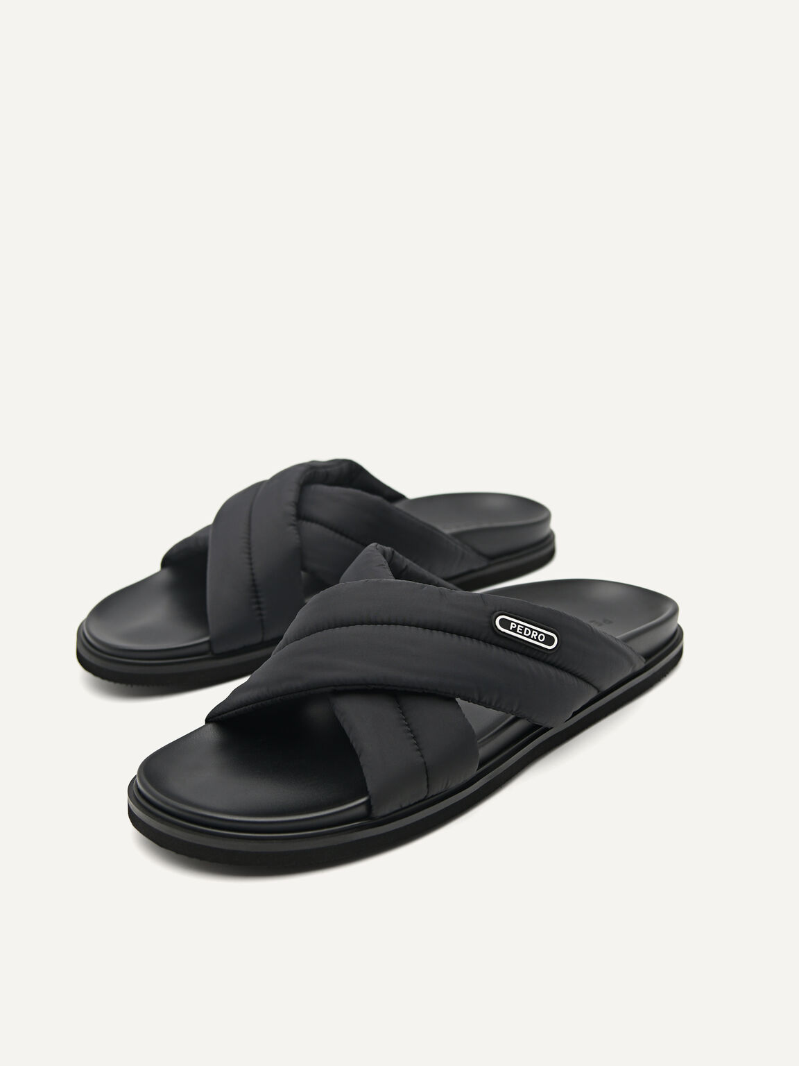 Nylon Puffy Cross-strap Sandals, Black