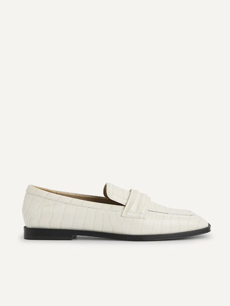 Croc-Effect Leather Loafers, Chalk