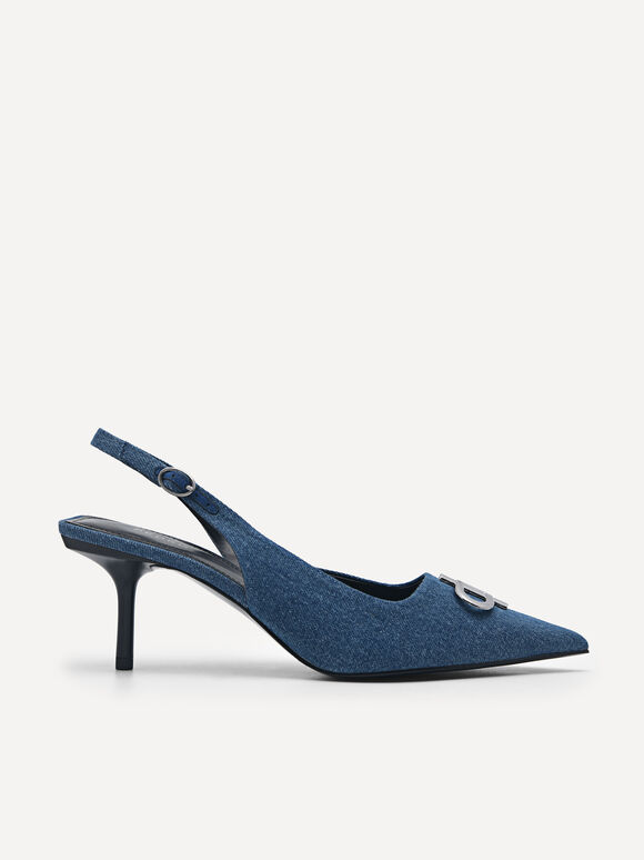 Icon Denim Pointed Slingback Pumps, Navy