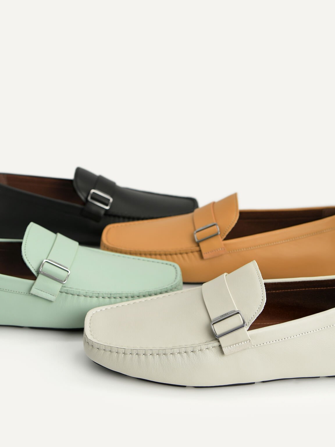 Leather Moccasins with Buckle Detail, Light Green