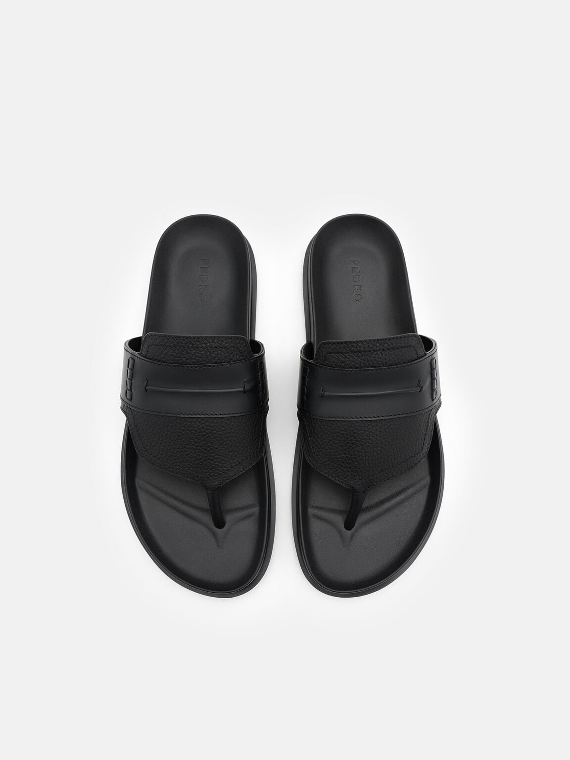 Tumbled Leather Penny Thong Sandals, Black Tumble