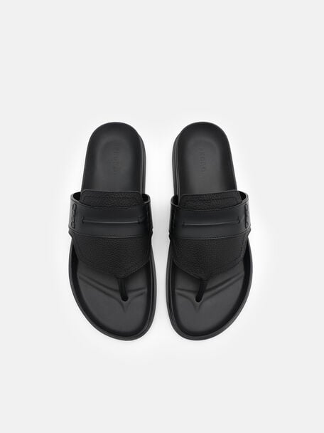 Tumbled Leather Penny Thong Sandals, Black Tumble