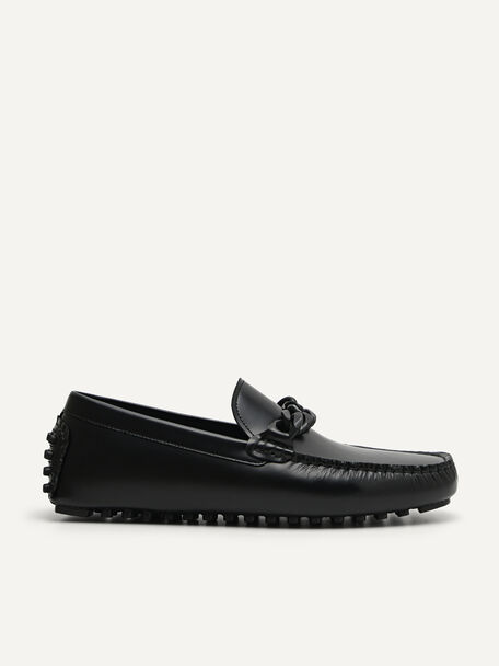 Leather Driving Moccassins with Curb Chain Saddle, Black