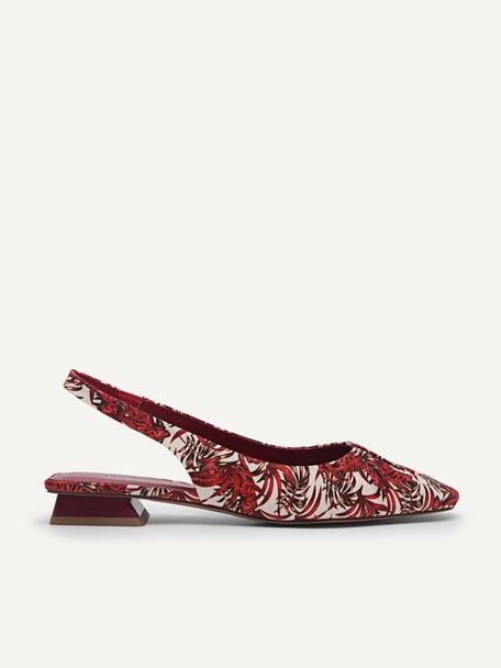 Printed Ruched Slingback Pumps, Red