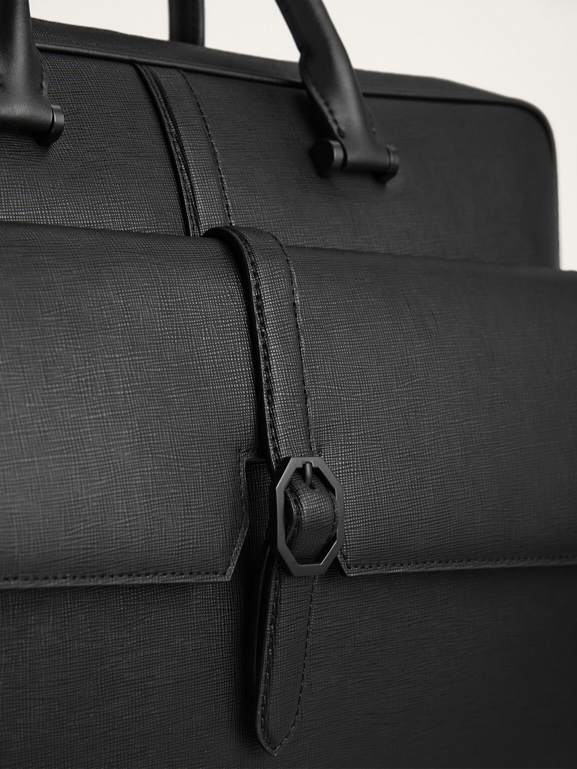 Leather Briefcase with Buckle Detail, Black, hi-res