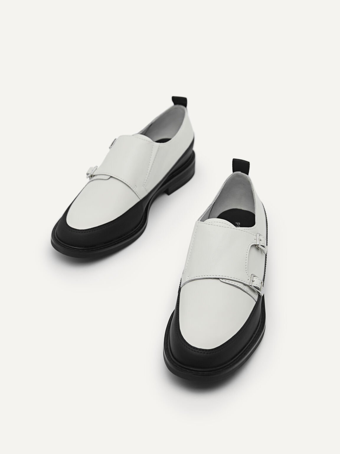 Double Buckle Leather Loafers, Chalk