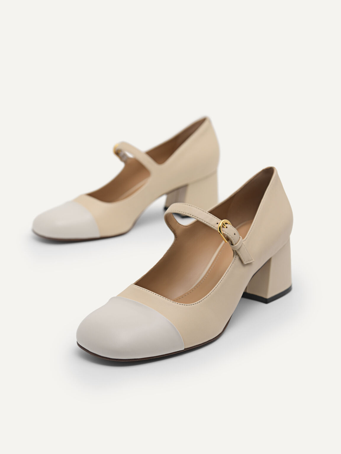 Leather Cap Toe Mary Jane Pumps, Sand, hi-res