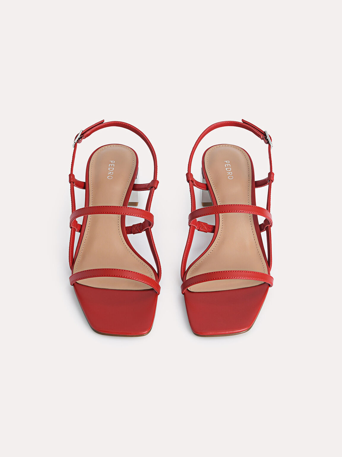 Square-Toe Caged Heeled Sandals, Red