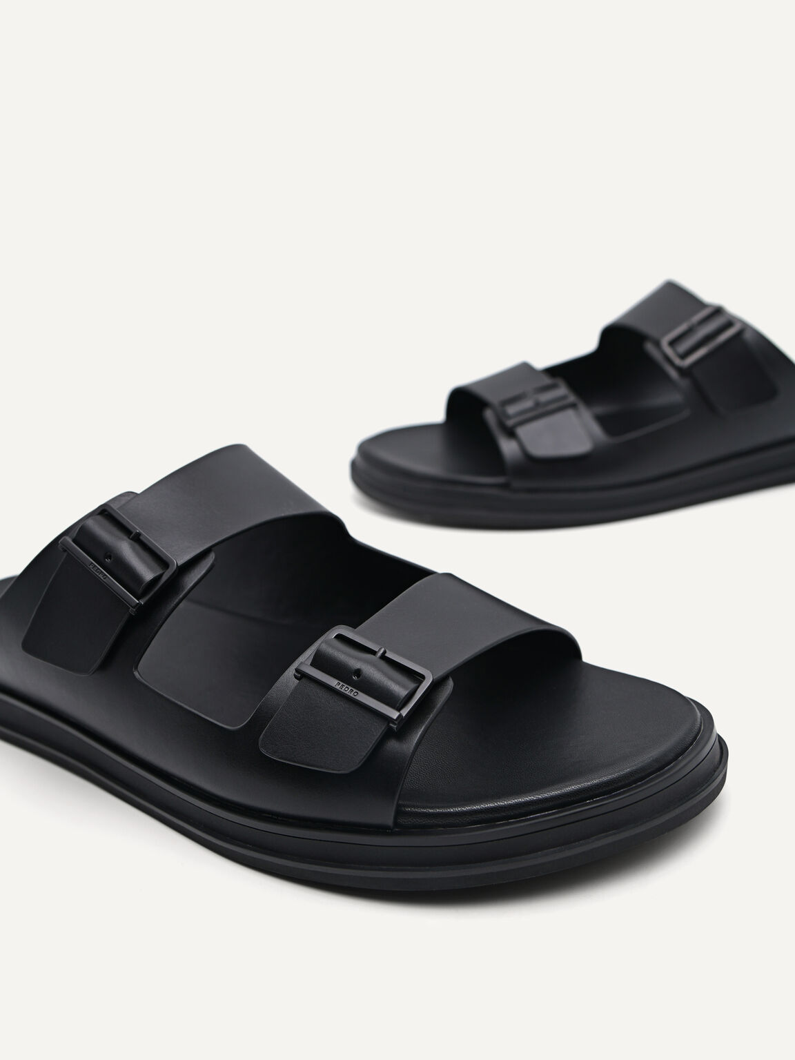 Monochrome Double Strap Slide Sandals, Black