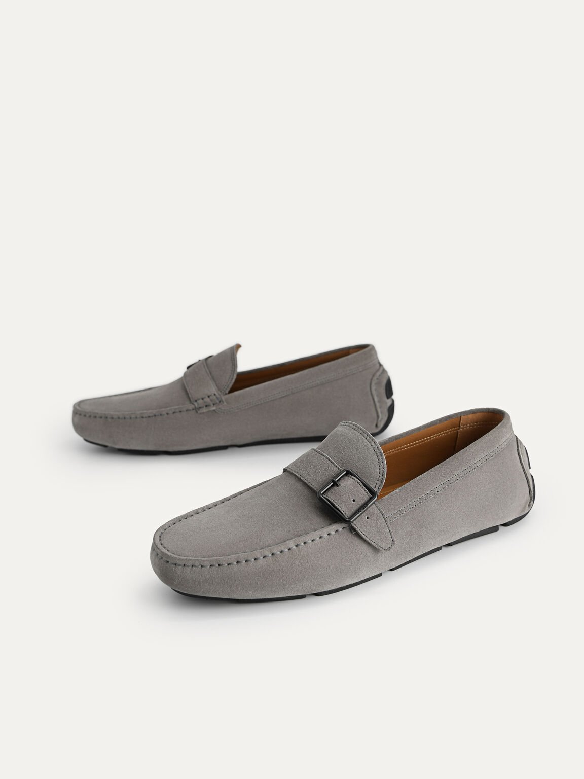 Suede Leather Moccasins with Buckle Detailing, Grey
