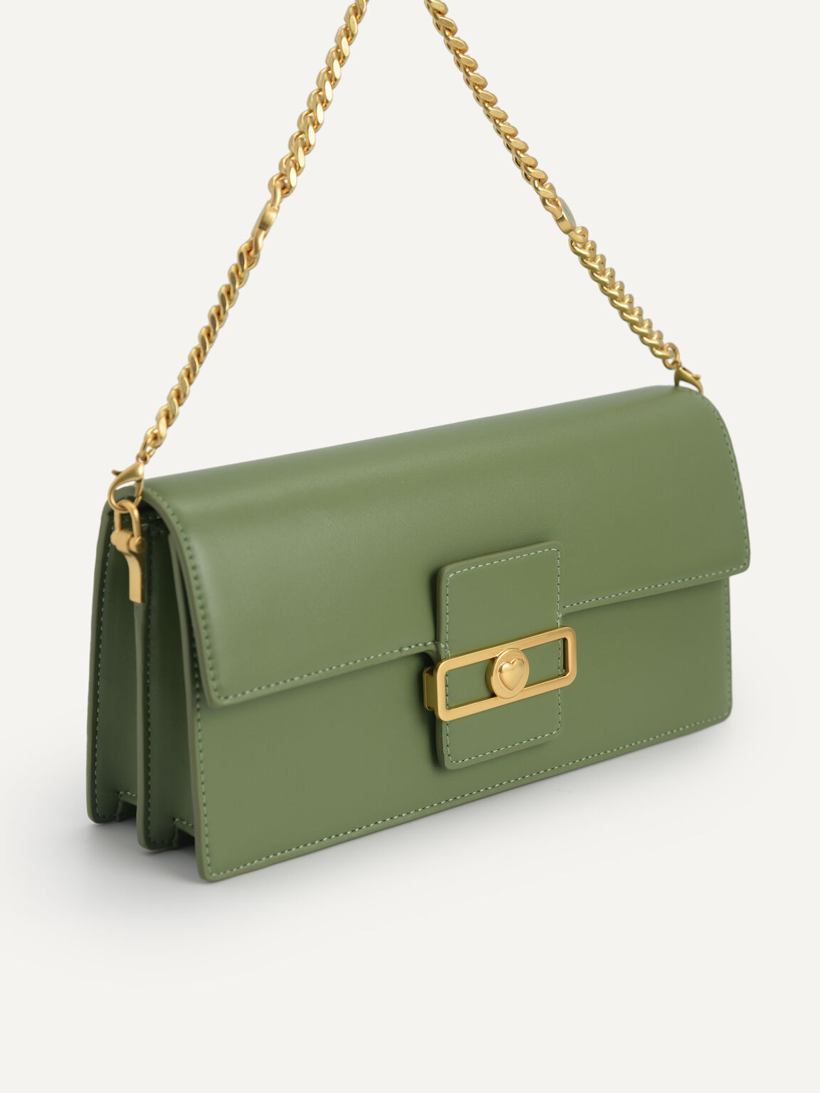 Shoulder Bag with Heart Clasp, Military Green, hi-res