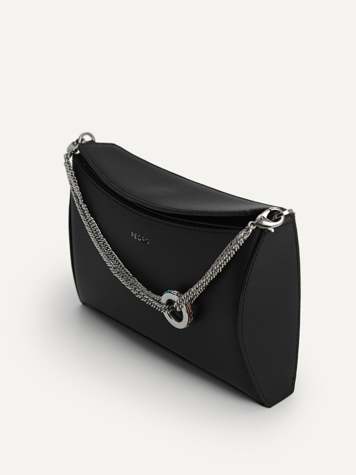 Chain Detailed Leather Clutch, Black