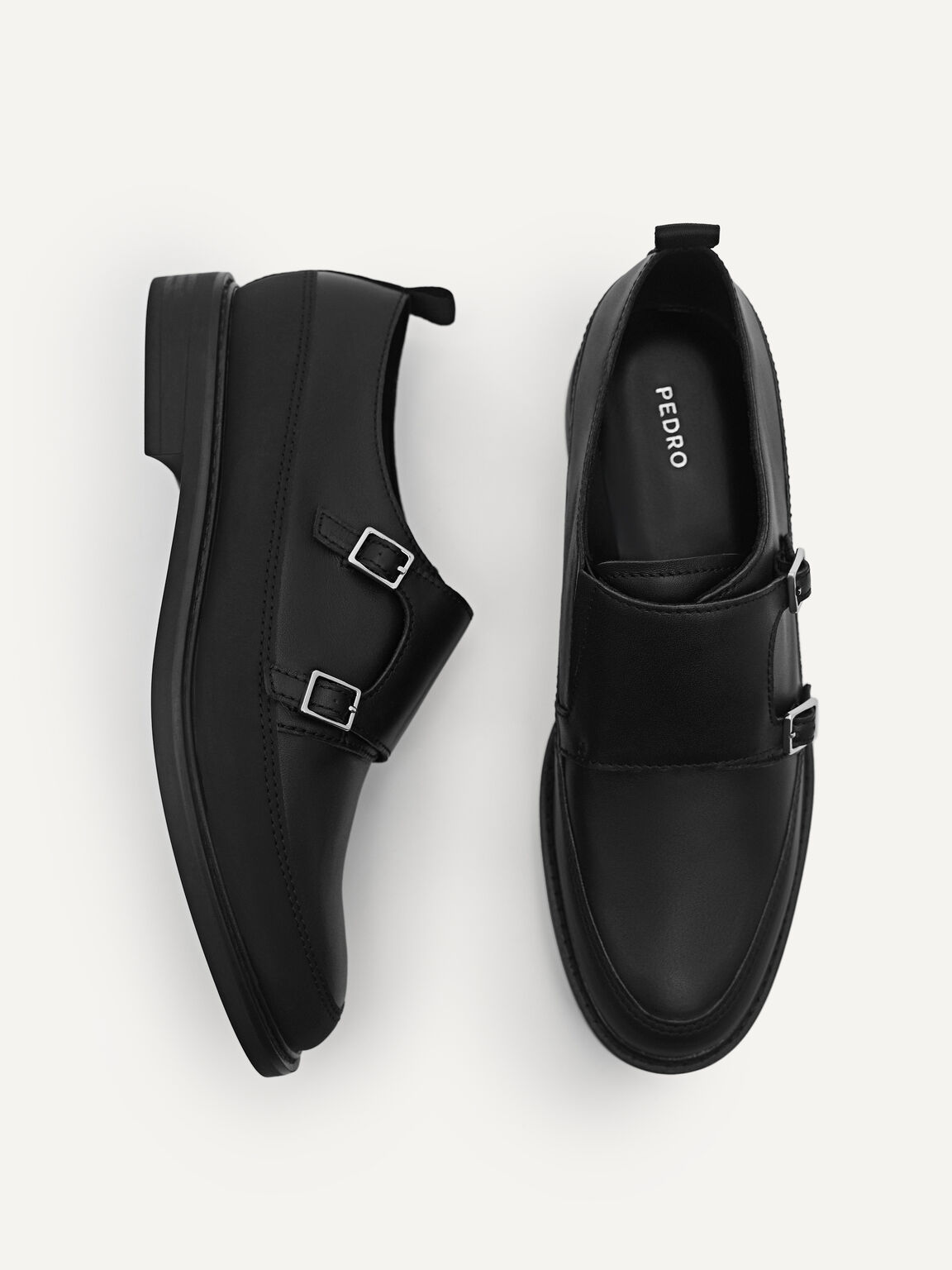 Double Buckle Leather Loafers, Black