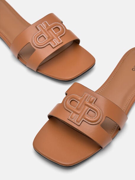 Leather Slip-On Sandals, Cognac