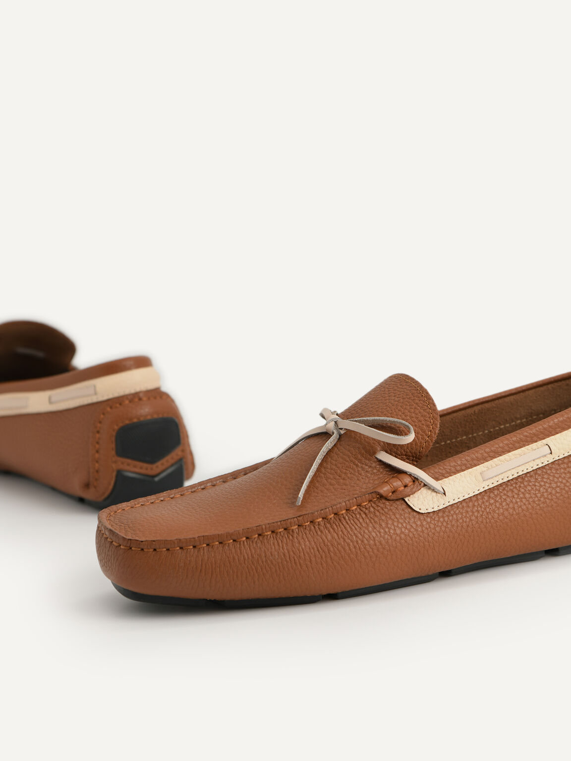 Textured Leather Moccasins with Bow, Brown, hi-res