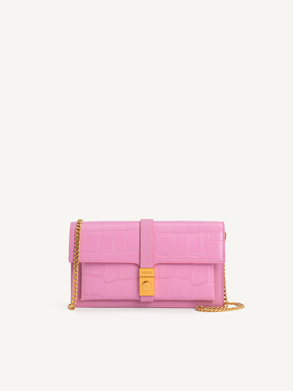 Leather Croc-Effect Wallet Bag, Pink