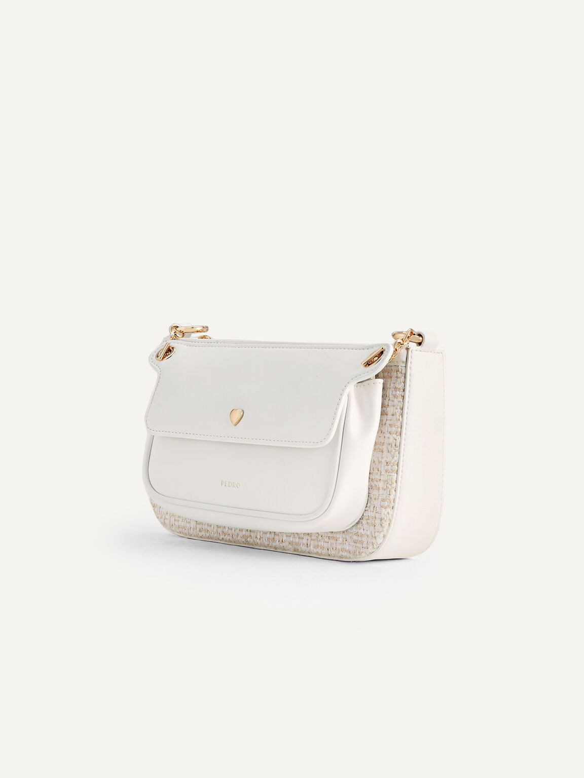 Dilone Tweed Double Flap Shoulder Bag, White
