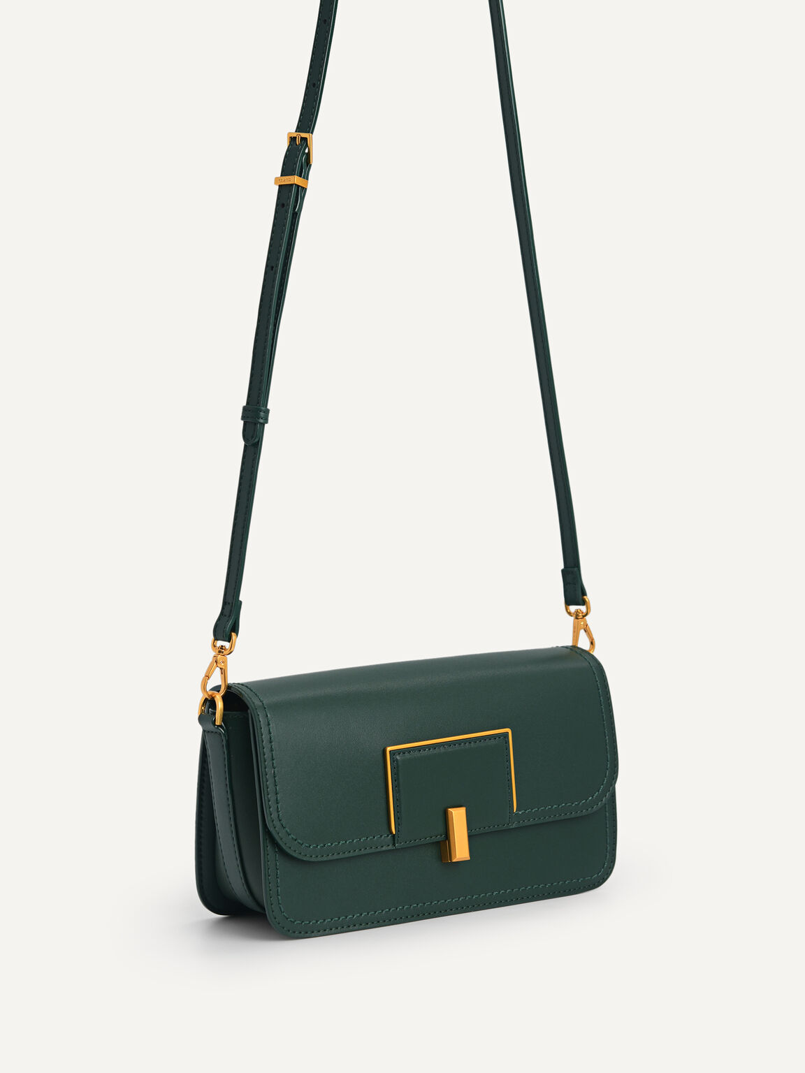 Monochrome Leather Shoulder Bag, Dark Green, hi-res