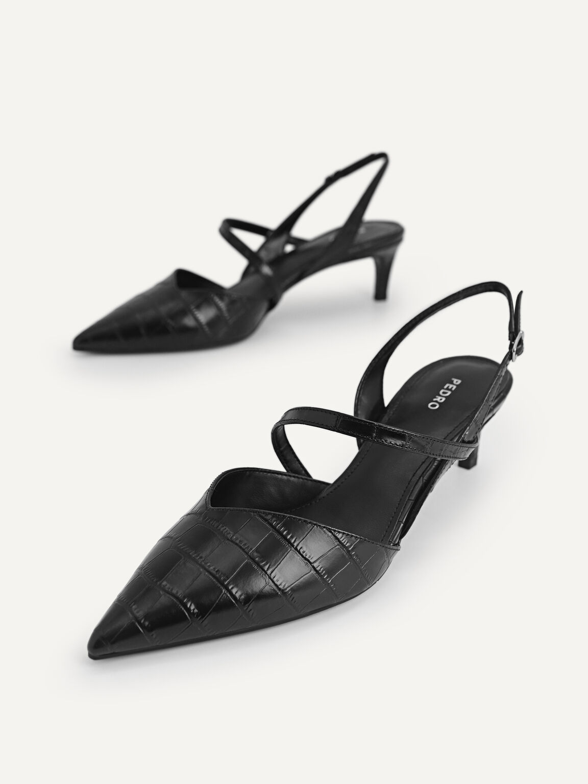 Croc-Effect Leather Slingback Pumps, Black