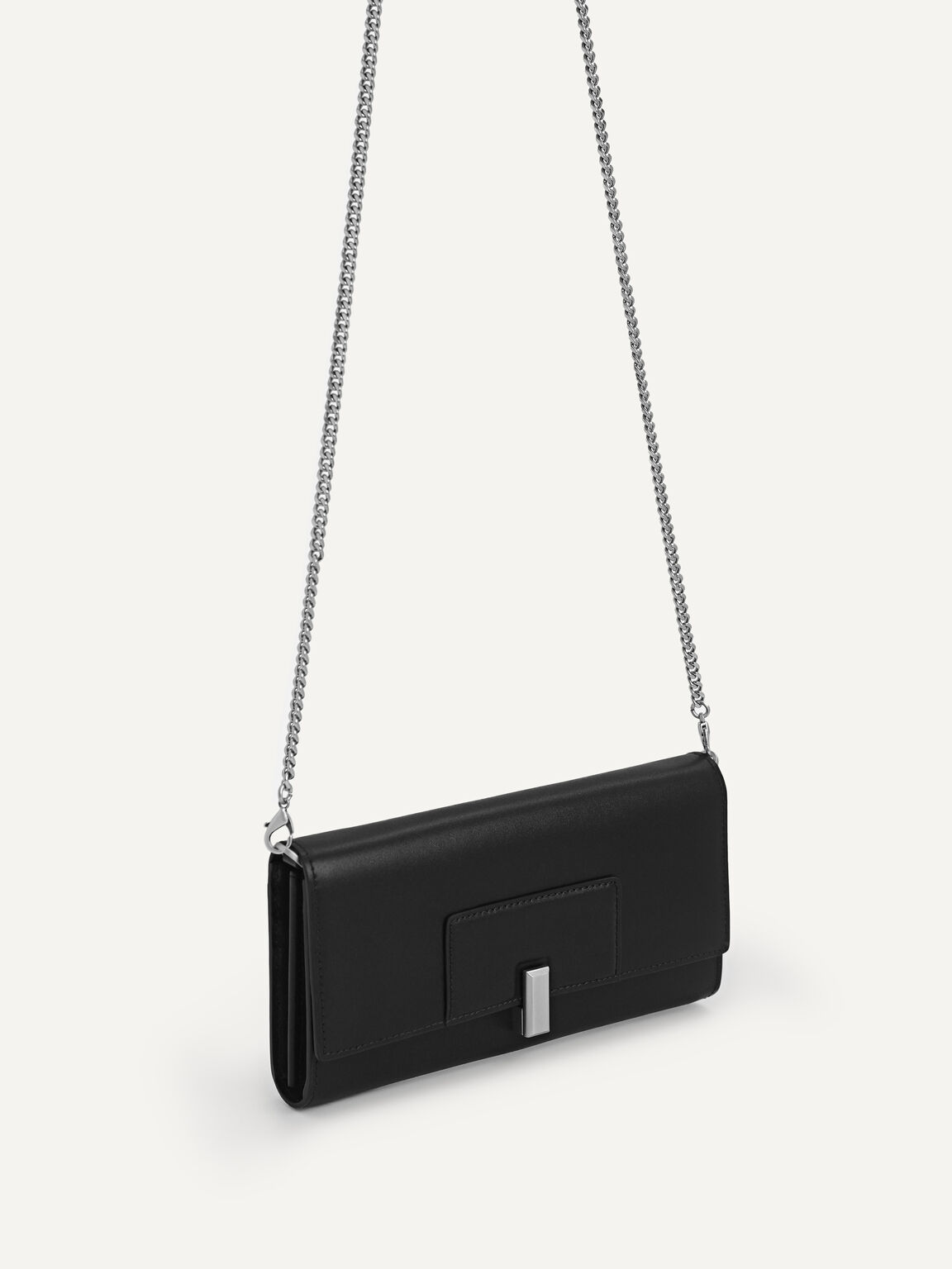 Monochrome Long Leather Wallet with Chain, Black