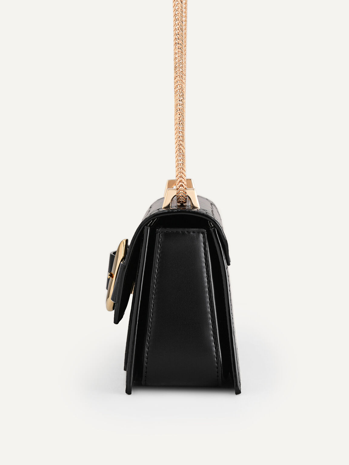 Buckled Croc-Effect Shoulder Bag, Black