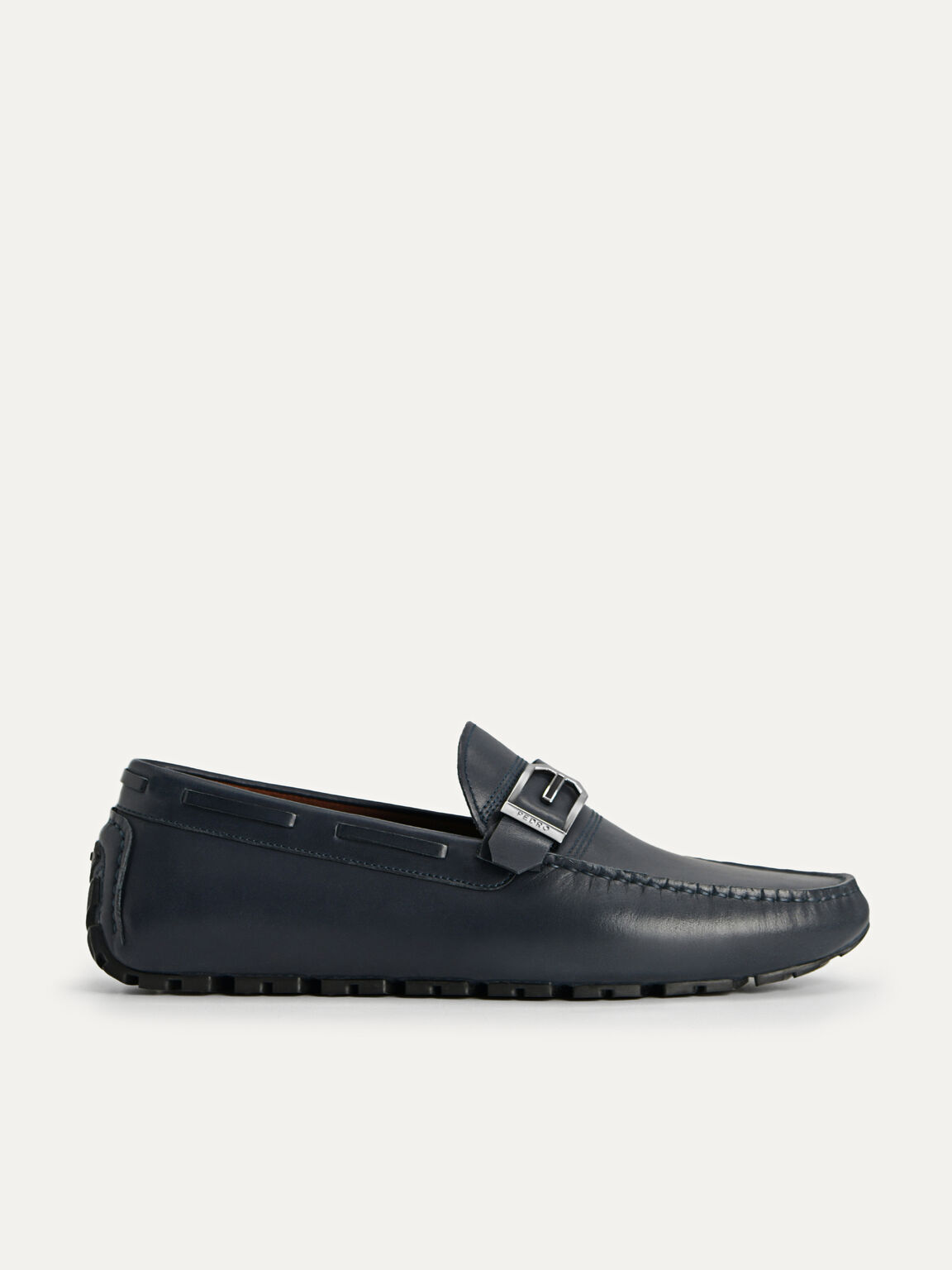 Leather Moccasins with Buckle Detailing, Navy