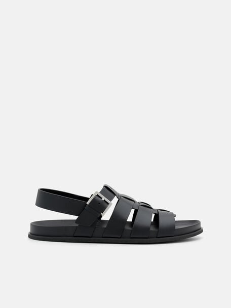 Leather Caged Backstrap Sandals, Black