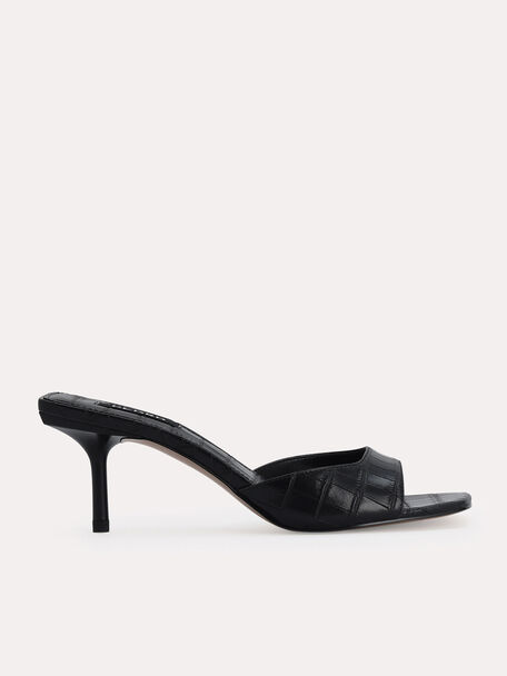 Croc-Effect Heel Sandals, Black