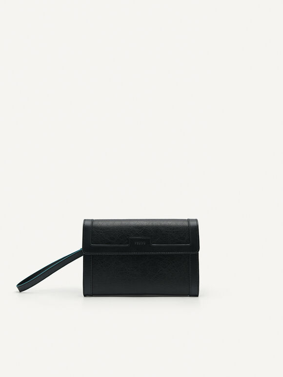 Suede Clutch with Single Handle Strap, Black