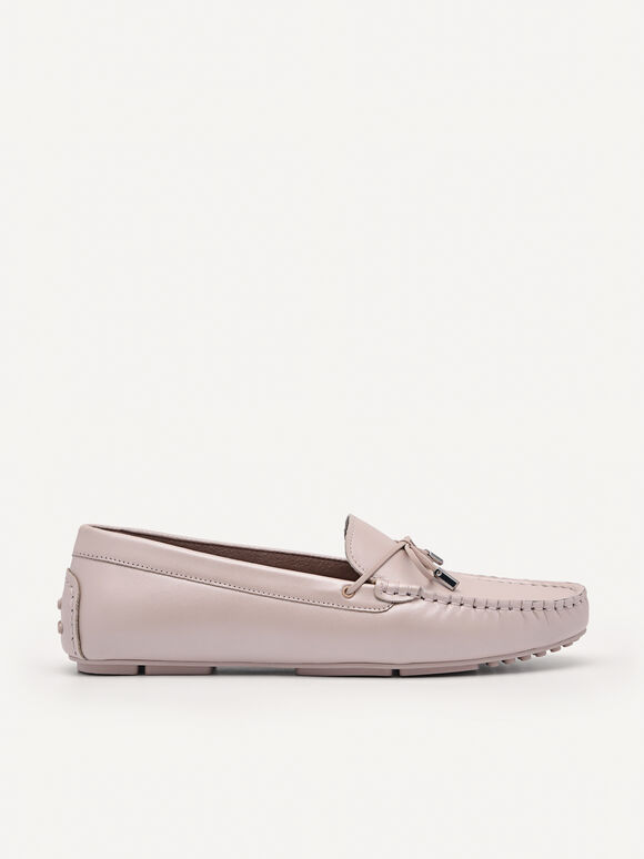 Pearlized Calf Leather Bow Moccasins, Nude