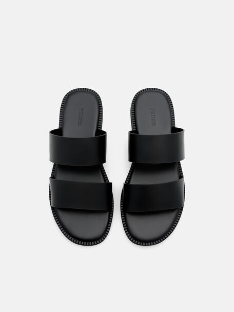 Leather Double-Strap Slide Sandals, Black