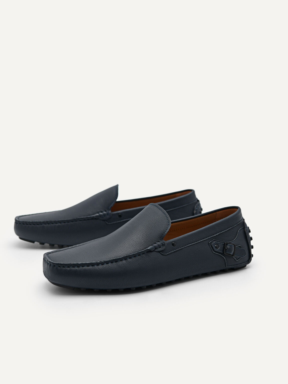 Leather Driving Moccassins with Side Buckle, Navy