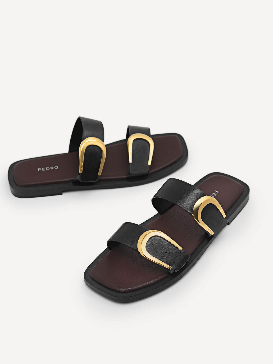 Double Strap Sandals with Buckle Detail, Black