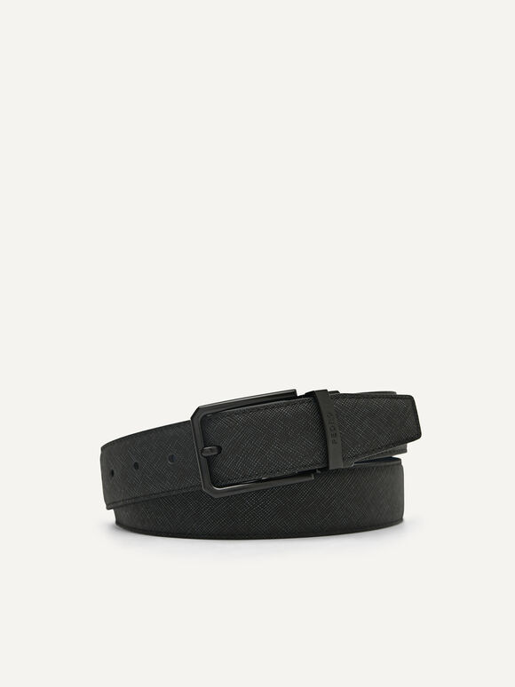 Reversible Embossed Leather Pin Belt, Black