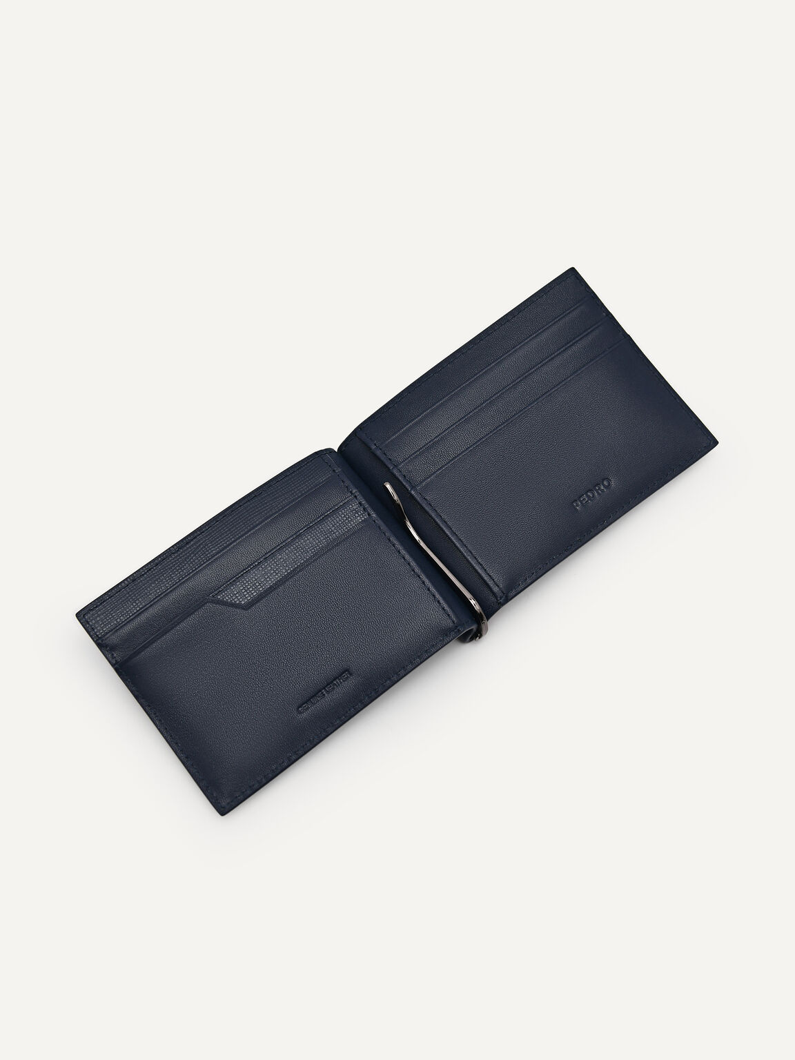 Embossed Leather Bi-Fold Money Clip, Navy