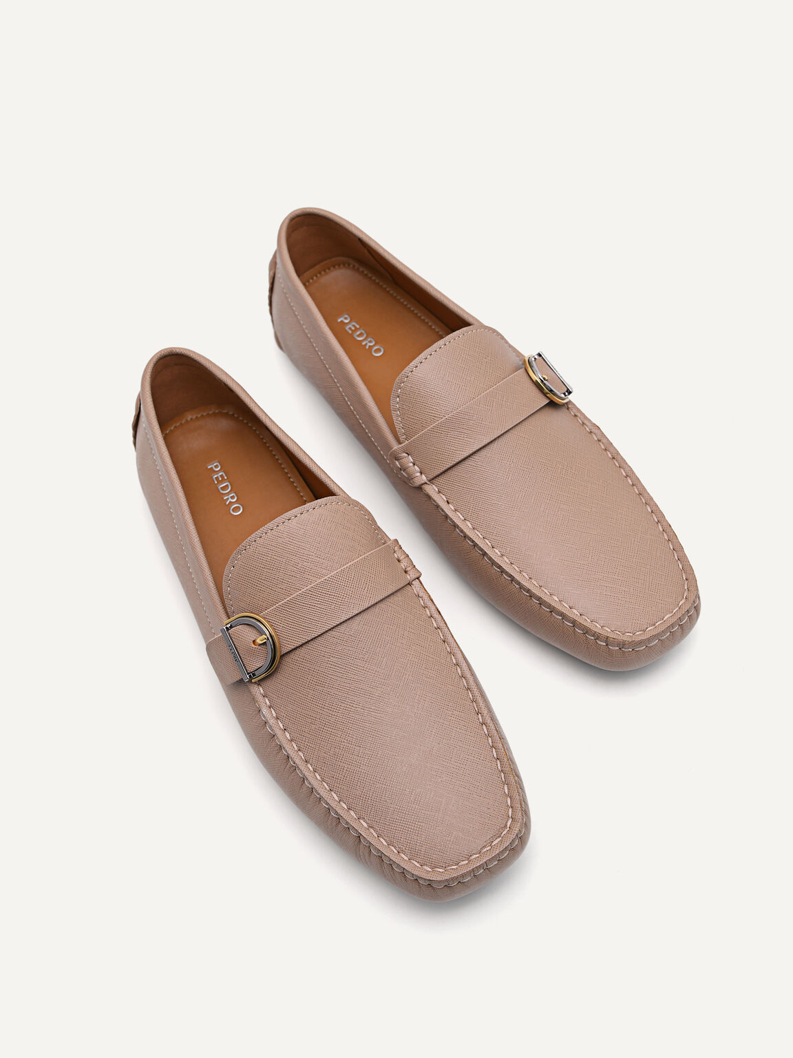 Leather Moccasins with Buckle Detail, Taupe