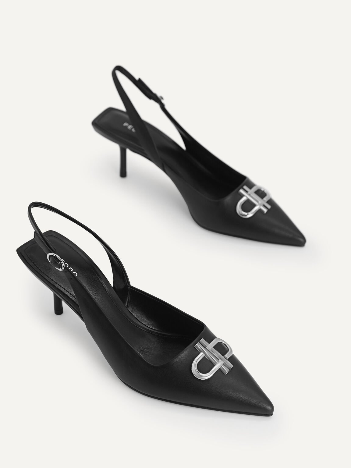 Icon Leather Pointed Toe Slingback Heels, Black