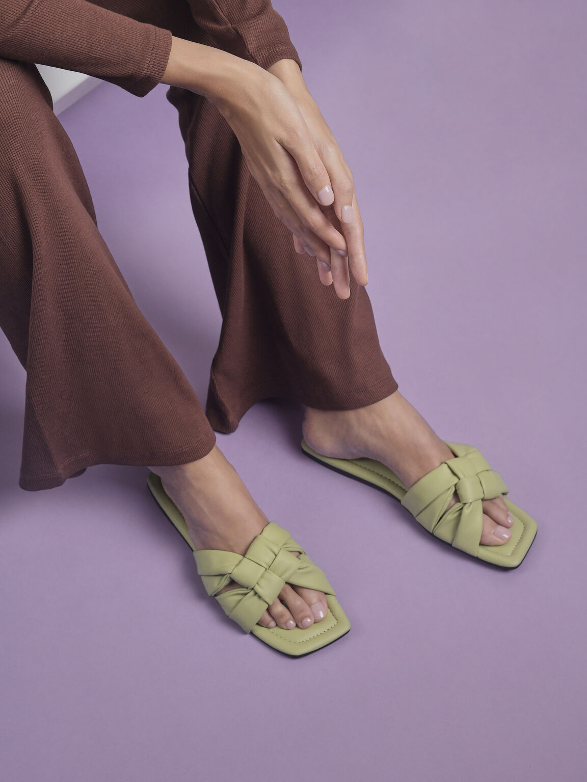 Knotted Straps Slip-On Sandals, Olive