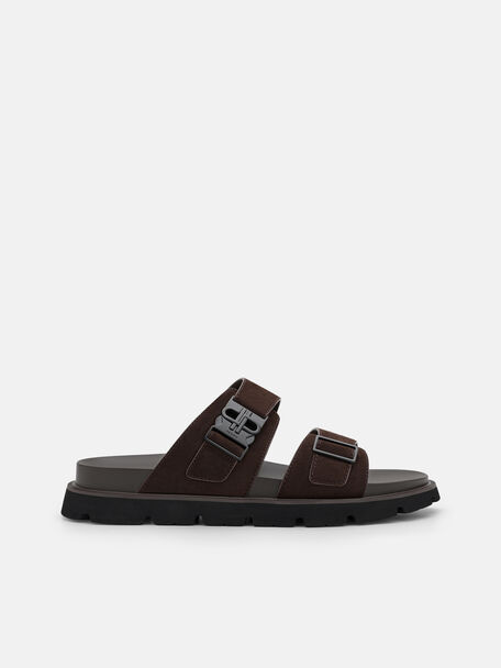 Buckle Slide Sandals, Dark Brown Suede