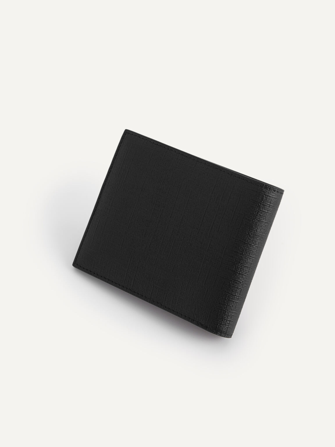 織紋雙折疊皮革錢包, 黑色, hi-res