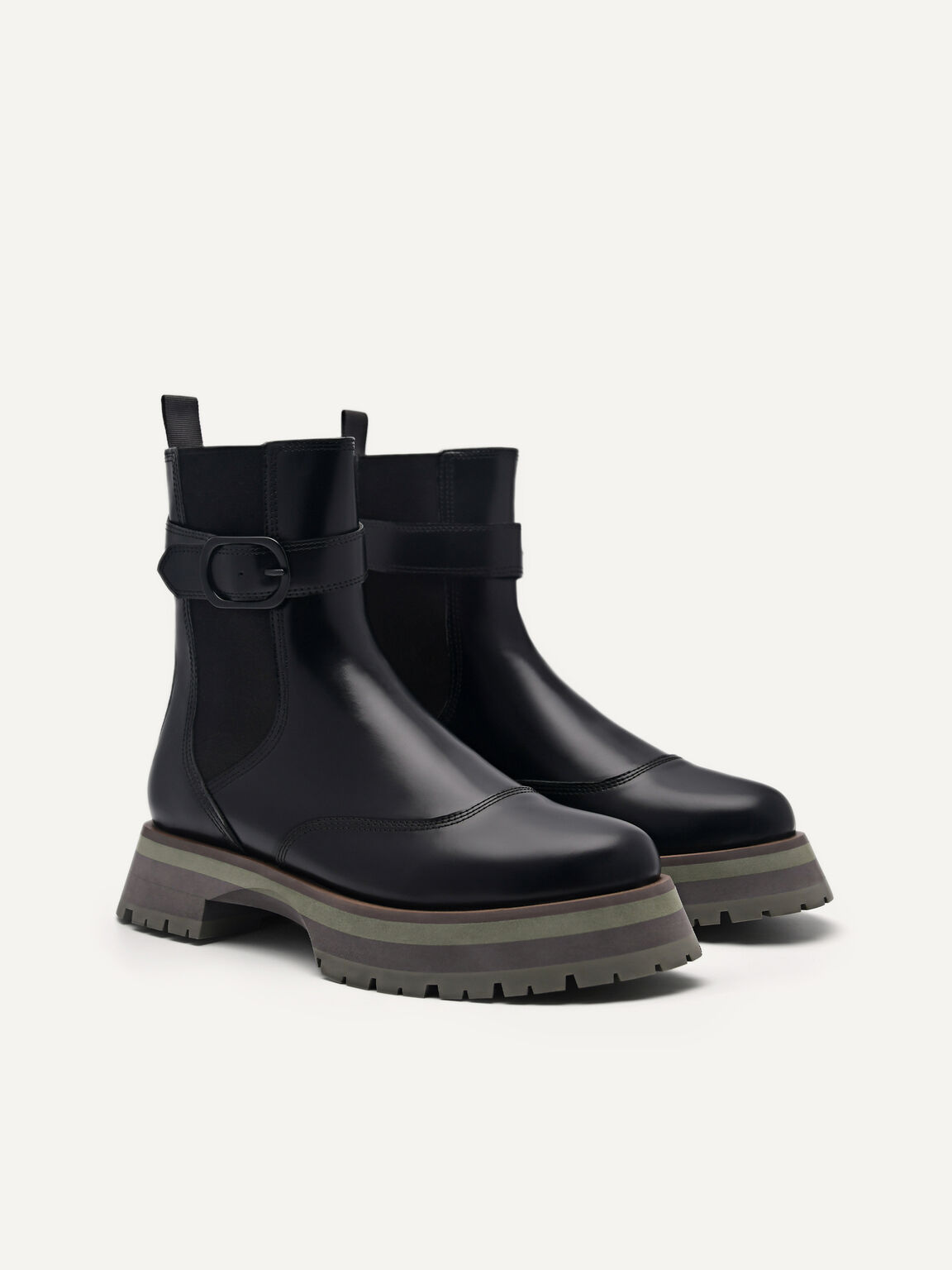 Leather Buckled Chelsea Boots, Black