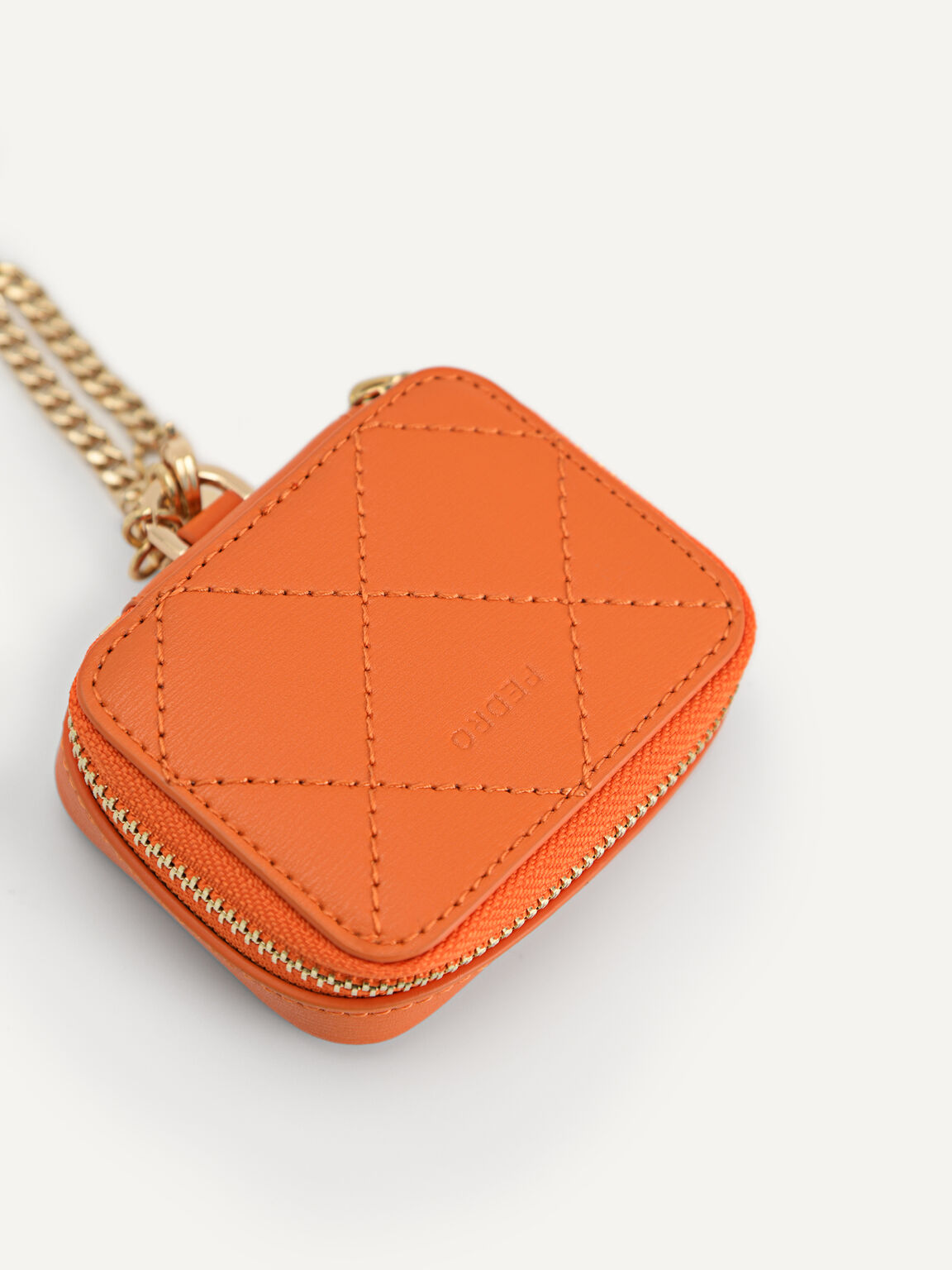 Quilted Pattern Leather Airpods Holder, Orange, hi-res