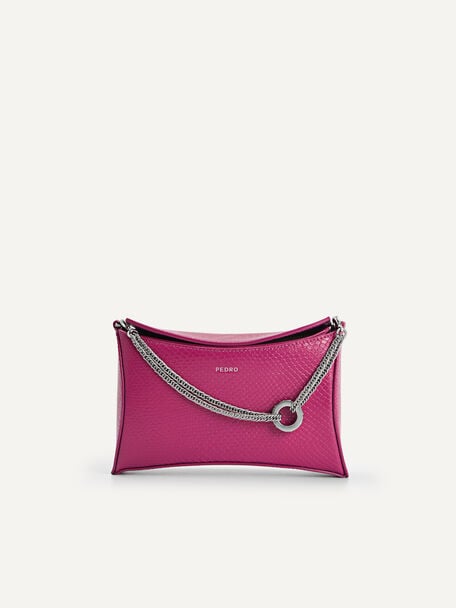 Chain Detailed Snake-Effect Leather Clutch, Fuchsia
