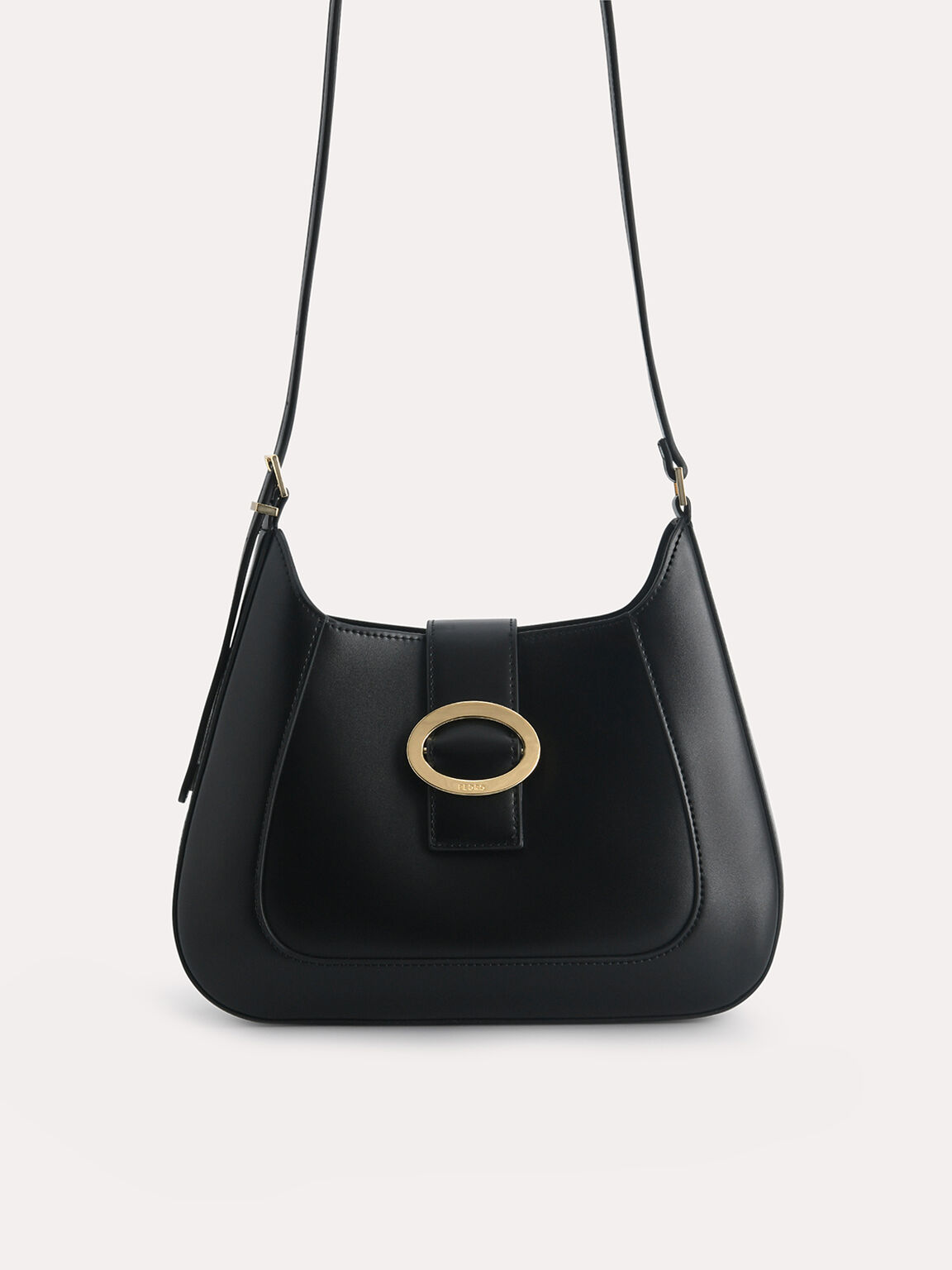 Top Handle Bag with Oval Buckle, Black, hi-res
