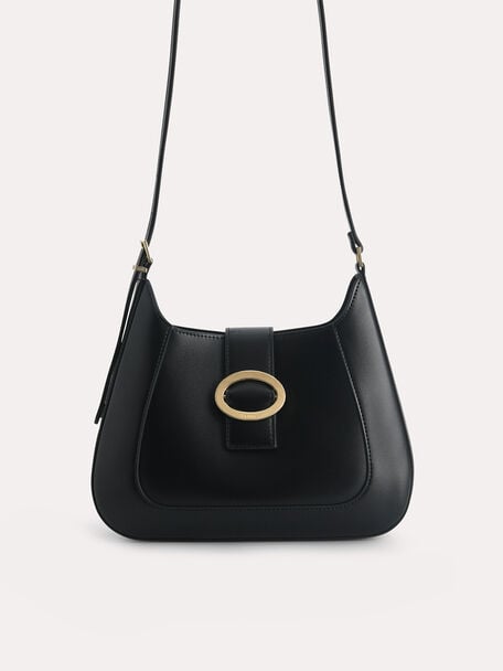 Top Handle Bag with Oval Buckle, Black