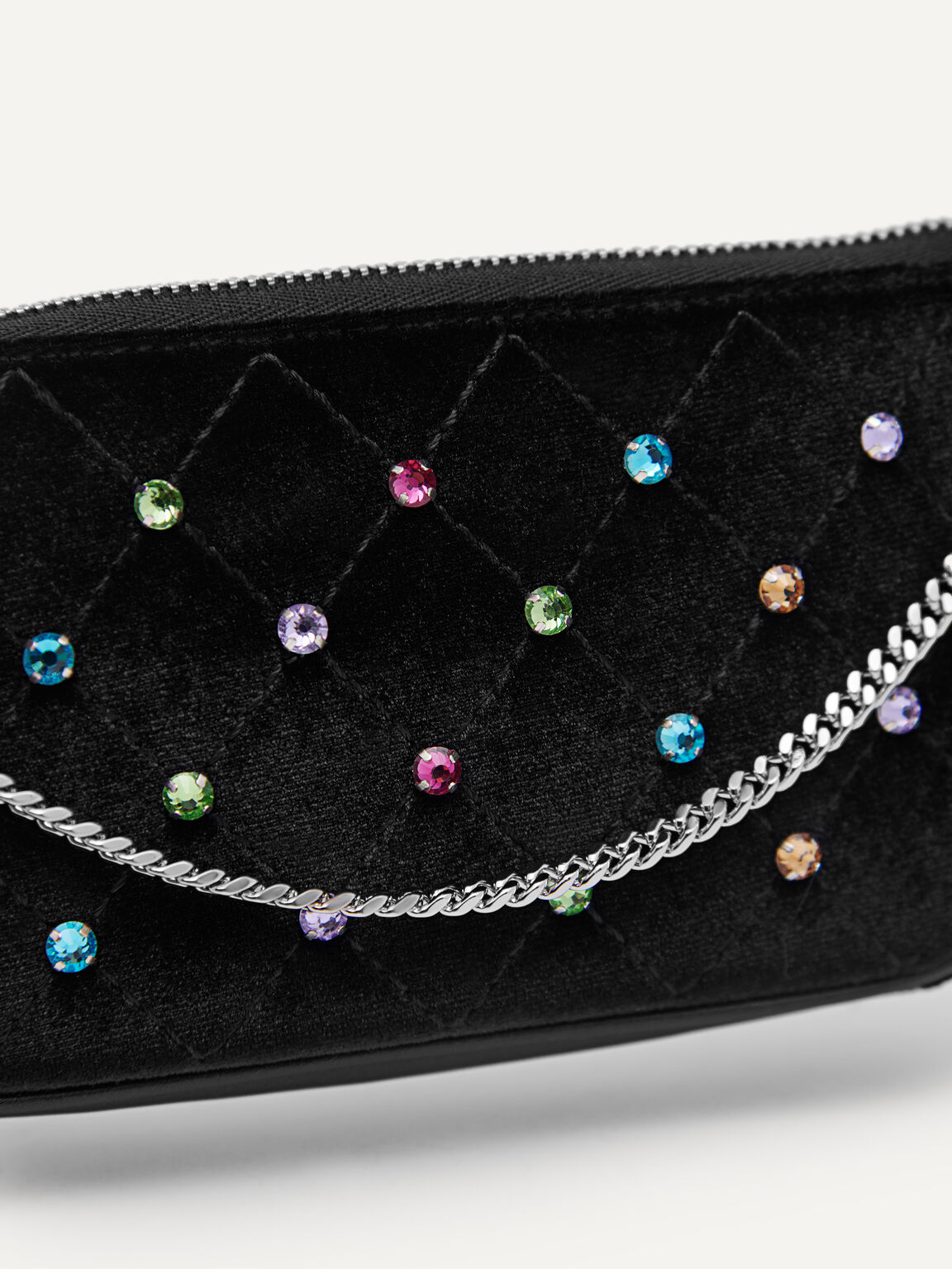 Chain Detailed Bejeweled Shoulder Bag, Black, hi-res