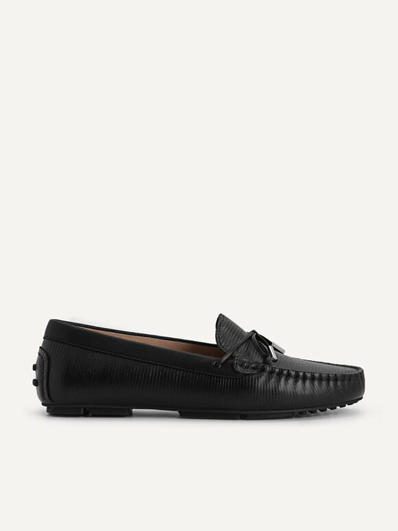 Lizard-effect Leather Bow Moccasins, Black