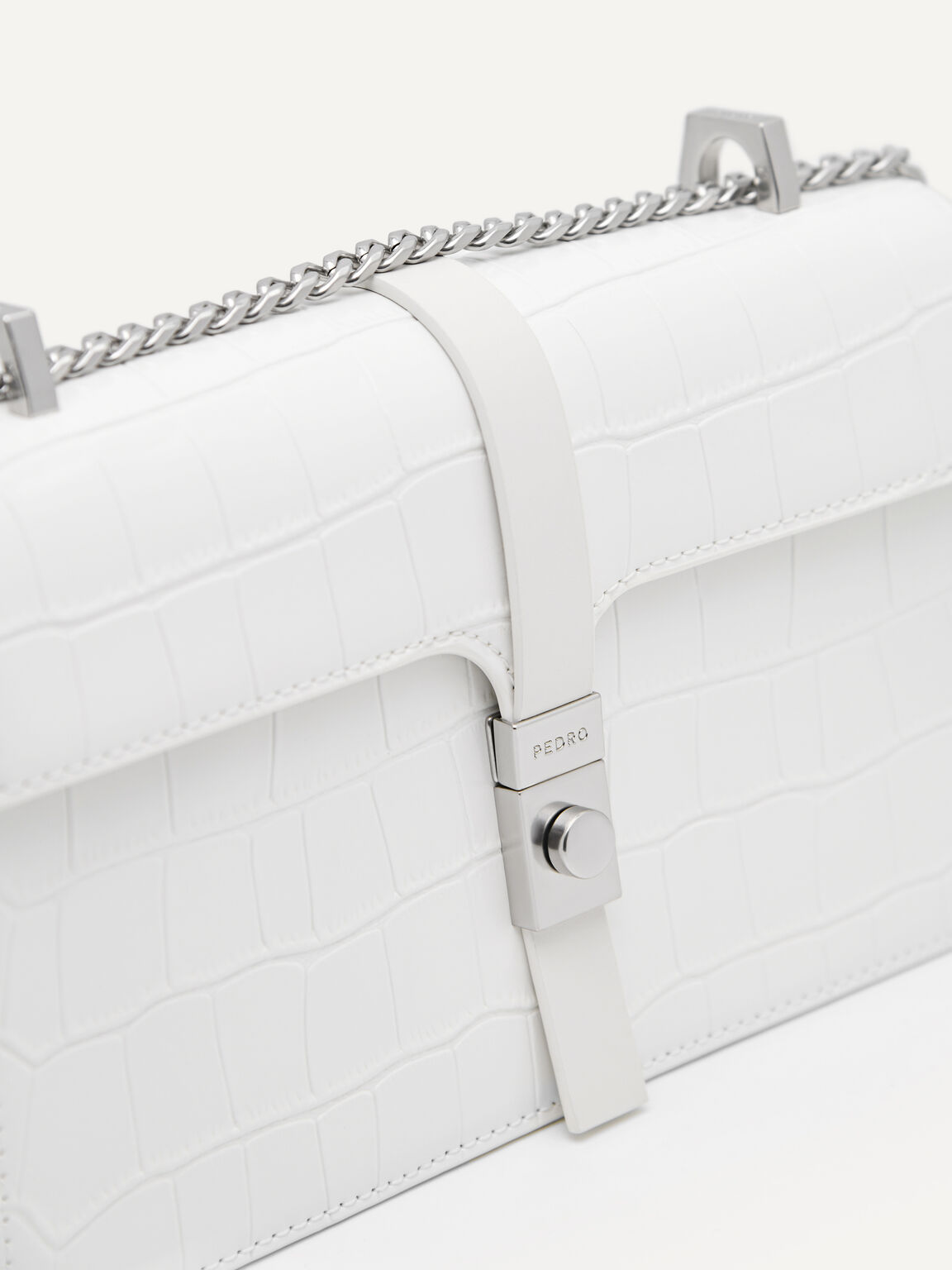 Leather Croc-Effect Shoulder Bag, White